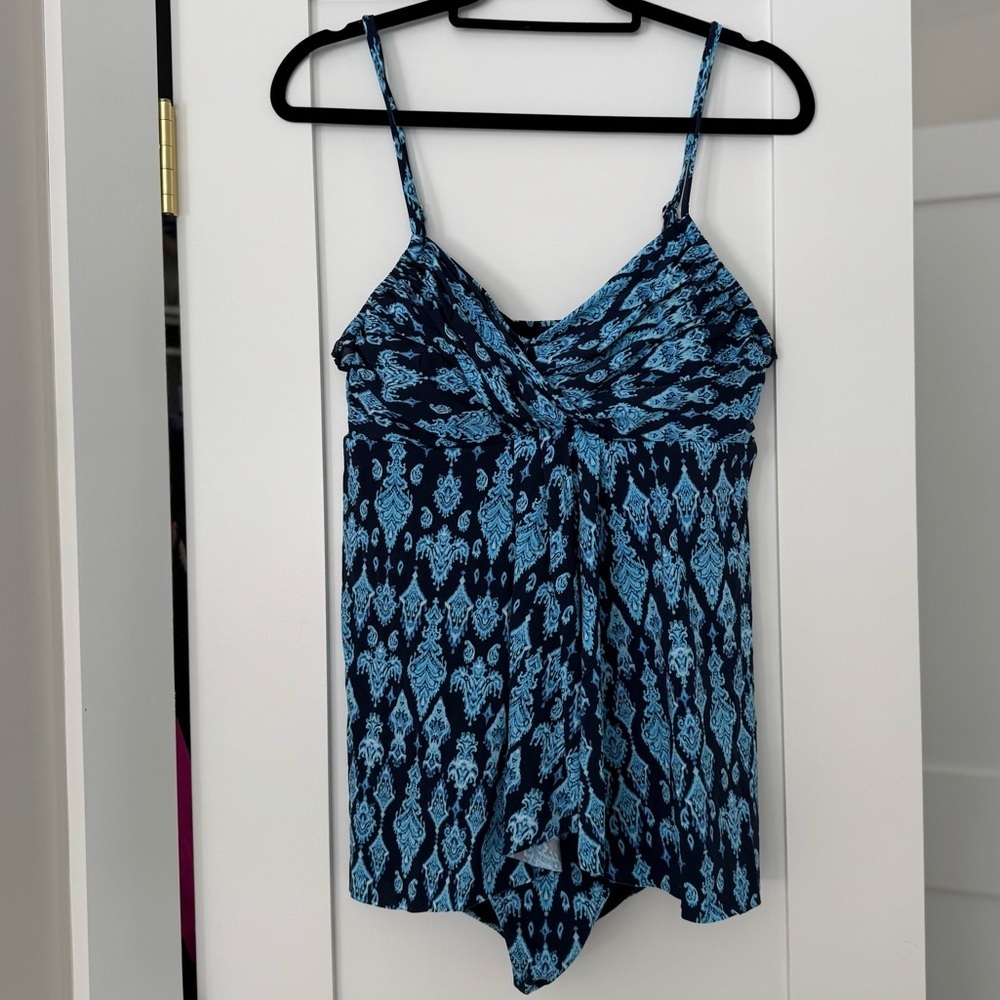 Garnet Hill One Piece Swimsuit Bathing Suit Blue and Black Flutter Opening